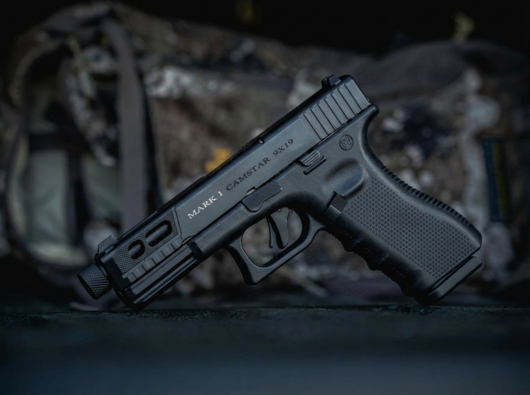 Firefly_Gemini Flash_Replace the handgun in the reference image with the Mark 1 Camstar 9x19 pistol